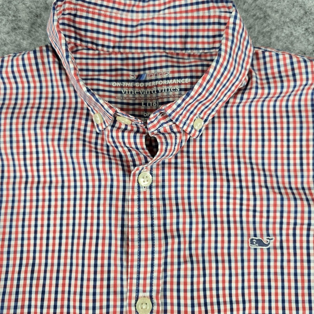 Vineyard Vines Shirt Boys Large Red Blue White Checked On-The-Go Performance